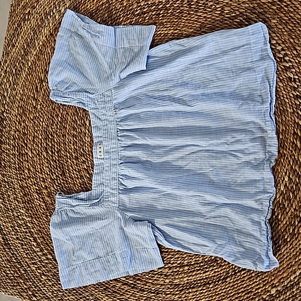 Women's Cute Summer Top Square Neckline Light Blue w/ White Stripes Size L